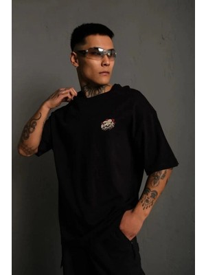 Luz&Pos Erkek Bisiklet Yaka Baskılı Oversize T-Shirt - Siyah