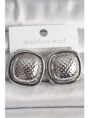 Luz&Pos Pirinç Gümüş Renk Işlemeli Kare Model Kadın Küpe