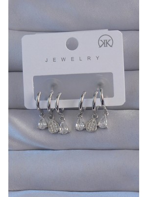 Luz&Pos Pirinç Gümüş Renk Zirkon Taşlı Damla Model Çoklu Görünüm Yarım Halka Küpe