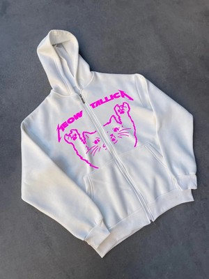 Luz&Pos Kışlık Baskılı Fermuarlı Kapüşonlu Hırka - Beyaz