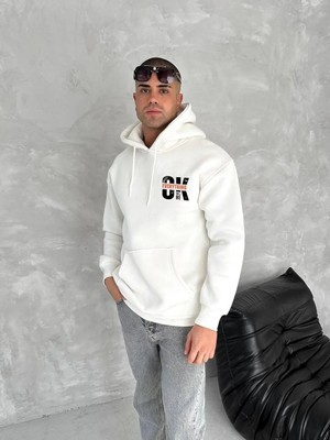 Luz&Pos Oversize Üç Iplik Kapüşonlu Sweatshirt - Beyaz