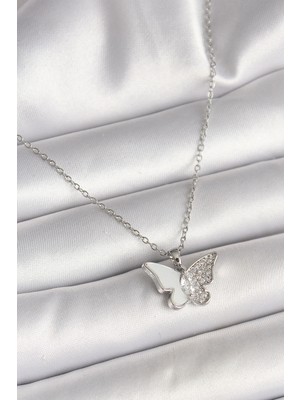 Luz&Pos 316L Çelik Gümüş Renk Zincir Zirkon Taşlı Beyaz Mineli Kelebek Model Kadın Kolye