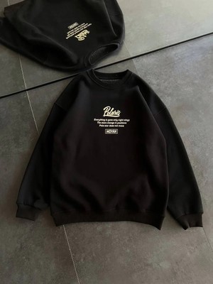 Luz&Pos Kışlık Bisiklet Yaka Ön ve Arka Baskılı Sweatshirt - Siyah