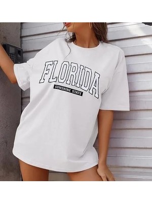 Luz&Pos Kadın Bisiklet Yaka Baskılı T-Shirt - Beyaz