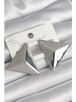 Luz&Pos Pirinç Gümüş Renk 3D Üçgen Model Kadın Küpe
