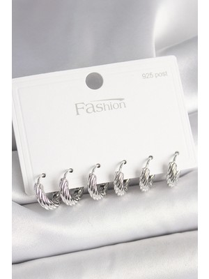 Luz&Pos 925 Ayar Gümüş Çivi Pirinç Gümüş Renk Işlemeli Halka Model Kadın Küpe Seti