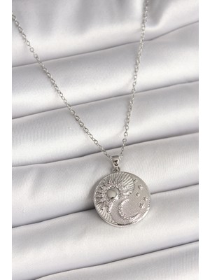 Luz&Pos 316L Çelik Gümüş Renk Zincir Zirkon Taşlı Ay Güneş Işlemeli Madalyon Model Kadın Kolye