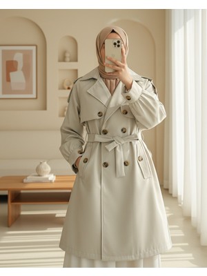 Modamorfo Omzu Apoletli Çift Düğmeli Bolerolu  Cepli Kemerli Trençkot  -Taş