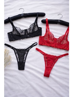 Hama Love Kadın Kırmızı Siyah Nakış Işlemeli Iç Çamaşır Takımı