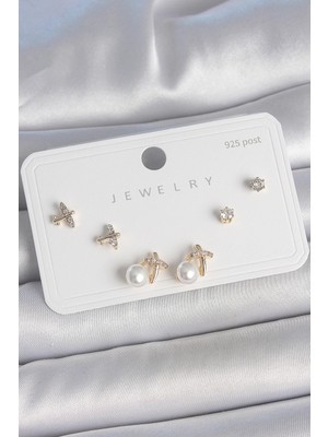 Luz&Pos Pirinç Gold Renk Zirkon Taşlı Kelebek Model Inci Detay 925 Ayar Gümüş Çivi Kadın Küpe Seti