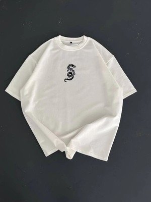 Luz&Pos Baskılı Oversize Bisiklet Yaka T-Shirt - Beyaz