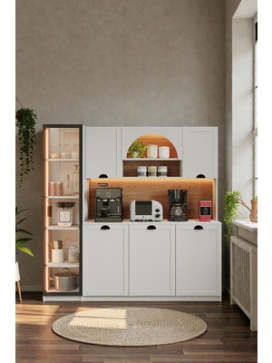 AVM Park Pentry Kahve Köşesi Bohem LED Işıklı Fincan Bölmeli + Tek Kapaklı Temperli Camlı Işıklı Fincan Dolabı Çok Amaçlı Dolap