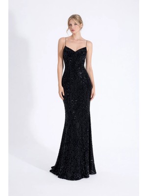 HOX'S Clara | Pul Payetli Kadife İnce Askılı Maxi Balık Abiye Elbise - Siyah