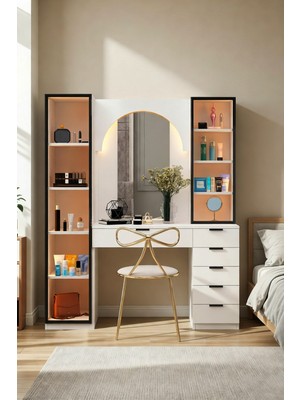 AVM Park Marbel Işıklı Aynalı Makyaj Masası Organizer Çekmeceli Şifonyer+ Tek Cam Kapaklı Işıklı Dolap