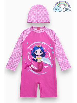 My Kids Wear Kız Çocuk Uzun Kollu Mayo ve Bone-Set 3-10 Yaş 12598