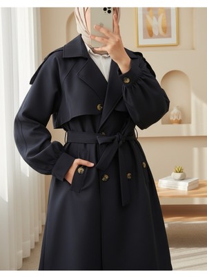 Modamorfo Omzu Apoletli Çift Düğmeli Bolerolu  Cepli Kemerli Trençkot   -Laci