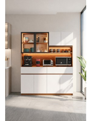 AVM Park Kaffa Kahve Köşesi 4 Kapaklı LED Işıklı Raflı Çok Amaçlı Airfryer Kiler Dolabı Ceviz- Beyaz