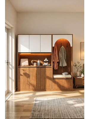 AVM Park Elva Portmanto 3 Kapaklı Askılı Minderli LED Işıklı Ayakkabılık Vestiyer Dolabı Ceviz- Beyaz