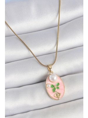 Luz&Pos 316L Çelik Gold Renk Zincir Pembe Mineli Oval Incili Çiçek Işlemeli Portre Model Kadın Kolye