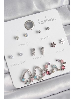 Luz&Pos Pirinç Gümüş Renk Zirkon Taşlı Damla Model Çiçek Detay 7 Çift Kadın Küpe Seti