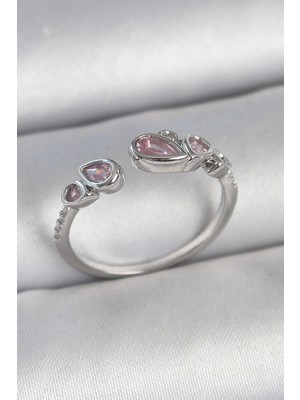 Luz&Pos Pirinç Gümüş Renk Pembe Damla Zirkon Taşlı Ayarlanabilir Model Kadın Yüzük