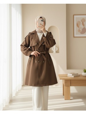 Modamorfo Omzu Apoletli Çift Düğmeli Bolerolu  Cepli Kemerli Trençkot   -Kahve