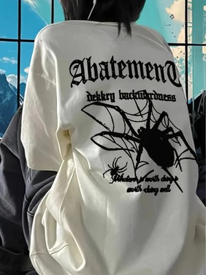 Luz&Pos Örümcek Ağı Desenli Baskılı Oversize Bisiklet Yaka T-Shirt  - Beyaz