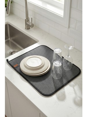 Hamur Siyah Renk Bulaşık Kurutma Matı Mutfak Kurutma Örtüsü Pedi Tezgah Üstü Kurulama Bezi Petek Desen