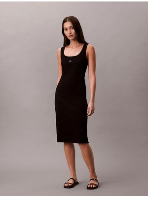 Calvin Klein Kolsuz Bebek Fitilli Dokuma Etiketli Kare Yaka Kadın Siyah Elbise LV047F257G-UB1