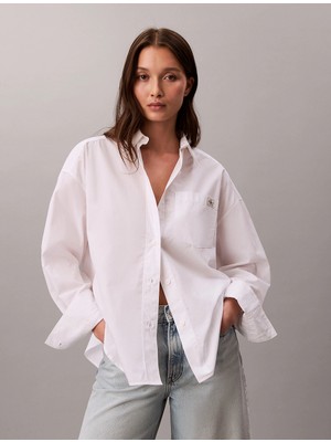 Calvin Klein Pamuklu Poplin Kısa Kesim Dokuma Kadın Beyaz Gömlek LV047F148G-YAA