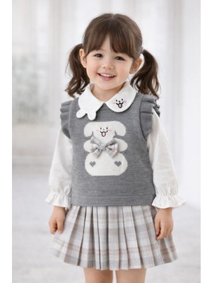 Lusa Bunny Kız Çocuk Triko Süveterli Gömlek ve Pileli Etek 3'lü Kombin