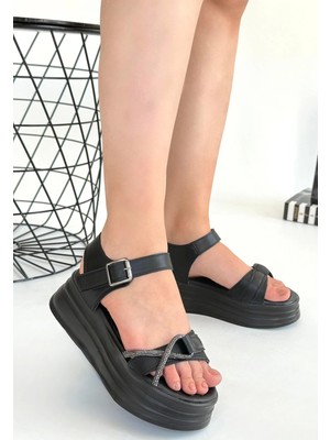 Subutu Luno Siyah Cilt Kemerli Sandalet