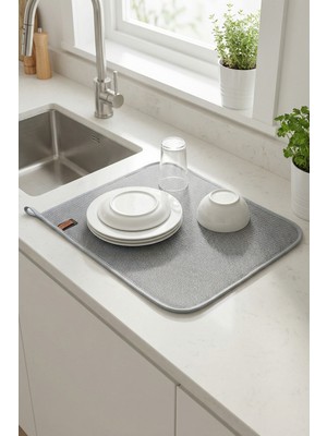 Hamur Gri Renk Bulaşık Kurutma Matı Mutfak Kurutma Örtüsü Pedi Tezgah Üstü Kurulama Bezi Petek Desen