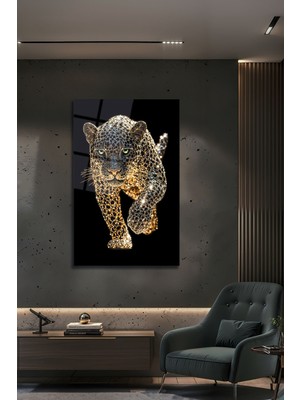 Pırlanta Efektli Leopar Tablo Dekoratif Cam Tablo Luxury Panter Pırlanta 3D Görünüm
