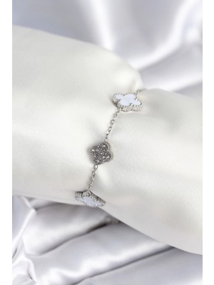 Eco Lounge 316L Çelik Zincir Gümüş Renk Zirkon Taşlı Yonca Beyaz Kadın Bileklik