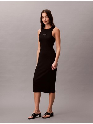 Calvin Klein Kolsuz Monologo 2x2 Bebek Fitilli Midi Kadın Siyah Elbise LV047F242G-UB1