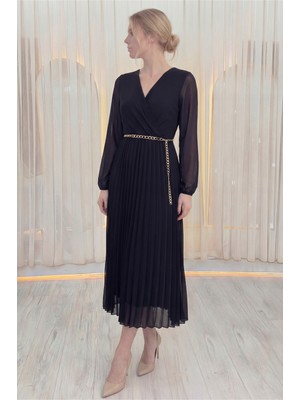 Thezkscom-Kadın Kruvaze Yaka Piliseli Kemerli Midi Boy Elbise Siyah, Bordo, Kahverengi