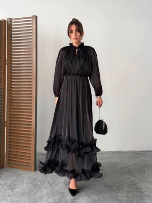 Diemmood Kadın Şifon Fırfır Detaylı Hakim Yaka Bağlamalı Bel Büzgülü Lastikli Uzun Elbise