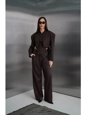 Diemmood Kadın Blazer Ceketli Yüksek Bel Bol Paça Pantolon Ikili Kadın Takım