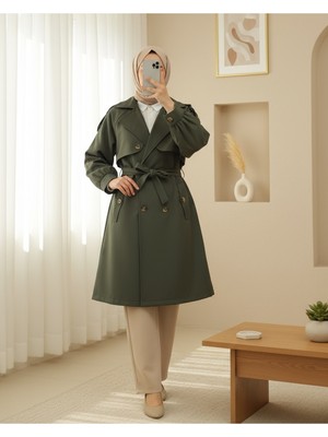 Modamorfo Omzu Apoletli Çift Düğmeli Bolerolu  Cepli Kemerli Trençkot  -Haki