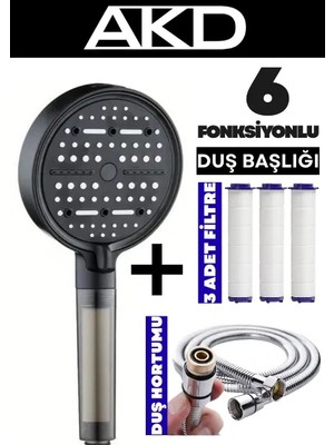 Akdoğan Yapı Ve Hırdavat AKD 6 Fonksiyonlu Filtreli Duş Başlığı Seti – 3 Yedek Filtreli, 1.5 Metre Duş Hortumu Dahil, Yüksek Basınçlı, Su Tasarruflu