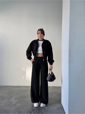 Diemmood Siyah Fermuarlı Ceket & Bol Paça Pantolon Kadın Takım