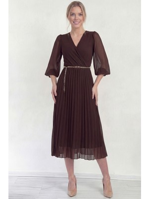 Thezkscom-Kadın Kruvaze Yaka Piliseli Kemerli Midi Boy Elbise Siyah, Bordo, Kahverengi