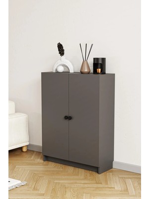 Hofga Bili Yatay Kitaplık 3 Raflı 2 Kapaklı Çok Amaçlı Ofis Salon Çalışma Odası Kütüphane Rafı Antrasit