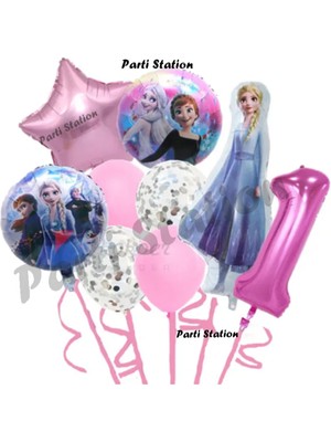 Parti Station Karlar Ülkesi Frozen Elsa 1 Yaş Pembe Renk Doğum Günü Konsept Balon Set Frozen Elsa Doğum Günü Seti