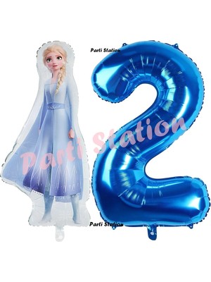 Parti Station Elsa Frozen Balon 2 Yaş Doğum Günü Set Frozen Karlar Ülkesi Konsept Balon ve Lacivert Rakam Balon