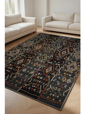 Kilim Home Modern Etnik Desenli Siyah Salon Halısı -Kaymaz Tabanlı,yıkanabilir Şık Kilim Halı