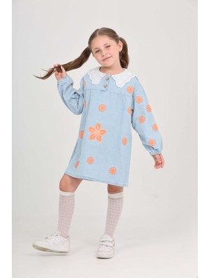 Moonch Kız Çocuk Dantelli Yaka Çiçek Nakışlı Kot Elbise – Uzun Kollu, Rahat Kesim, Günlük & Özel Gün Kullanımına Uygun