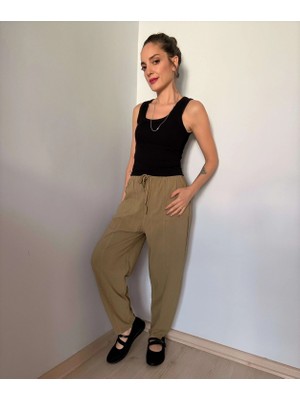 Haki Havuç Kesim Keten Pantolon