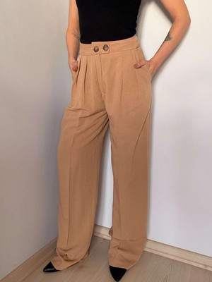 Camel Çift Pileli Keten Pantolon